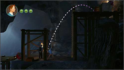W następnej lokacji rzuć zapaloną pochodnią w kierunku beczek z materiałem wybuchowym by odblokować przejście - Rozdział 24 - W podmorskich jaskiniach (2) - Opis przejścia - Przygody Tintina: Gra Komputerowa - poradnik do gry