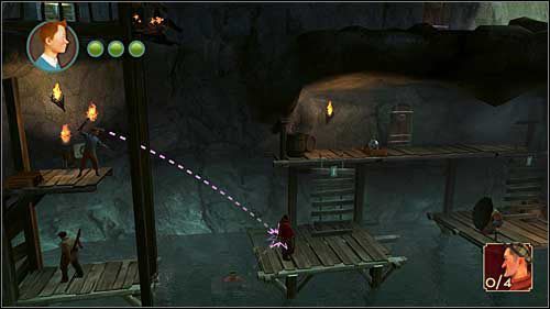 Po zapadnięciu się kładki pod ciężarem walczących zlecisz wiele metrów w dół, do wody - Rozdział 24 - W podmorskich jaskiniach (2) - Opis przejścia - Przygody Tintina: Gra Komputerowa - poradnik do gry