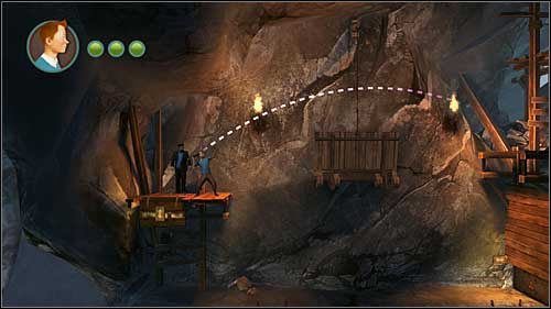 Wejdź na podwyższenie, tak jak na obrazku powyżej i wyceluj nie zapaloną pochodnią tak, aby tor jej lotu przecinał pochodnię przymocowaną do ściany - Rozdział 24 - W podmorskich jaskiniach (2) - Opis przejścia - Przygody Tintina: Gra Komputerowa - poradnik do gry