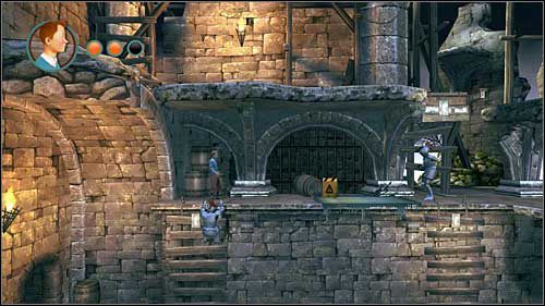 Znajdziesz się w pomieszczeniu z dwoma przeciwnikami zakutymi w zbroje - Rozdział 25 - Na wieżę - Opis przejścia - Przygody Tintina: Gra Komputerowa - poradnik do gry