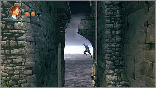 Zsuwając się przeskocz na drugą drabinę by uniknąć kolców - Rozdział 25 - Na wieżę - Opis przejścia - Przygody Tintina: Gra Komputerowa - poradnik do gry