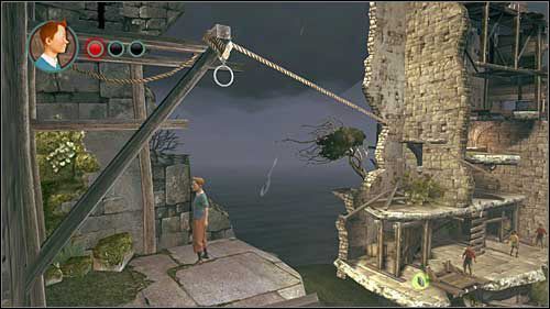 Doskocz do żelaznego kółka odbijając się od ściany po lewej by zjechać po linie w dół - Rozdział 25 - Na wieżę - Opis przejścia - Przygody Tintina: Gra Komputerowa - poradnik do gry