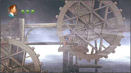 Po pokonaniu na rusztowaniach kilku wrogów dojdziesz do wielkich kołowrotów - Rozdział 25 - Na wieżę - Opis przejścia - Przygody Tintina: Gra Komputerowa - poradnik do gry