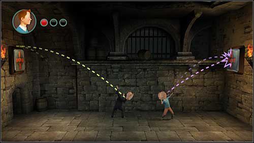 Kiedy znowu połączysz siły z baryłką, rzuć garnkiem w jeden z emblematów widocznych na ścianie - Rozdziały 26 - 27 - Opis przejścia - Przygody Tintina: Gra Komputerowa - poradnik do gry