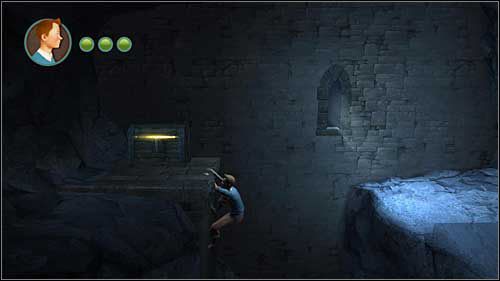 Tuż po tym, jak obejmiesz kontrolę nad Tintinem i przeskoczysz pierwsze rozpadliny, samouczek nakaże Ci zeskoczyć na niższy poziom, a tuż potem wskoczyć znowu wyżej - Rozdziały 2, 5, 6 - Złote kraby - Przygody Tintina: Gra Komputerowa - poradnik do gry