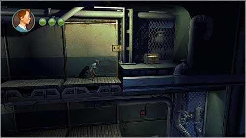 Chwilę po rozpoczęciu tego poziomu przebiegnij po ruchomej taśmie do końca w prawo - Rozdział 12 - Na tropie Allana - Złote kraby - Przygody Tintina: Gra Komputerowa - poradnik do gry