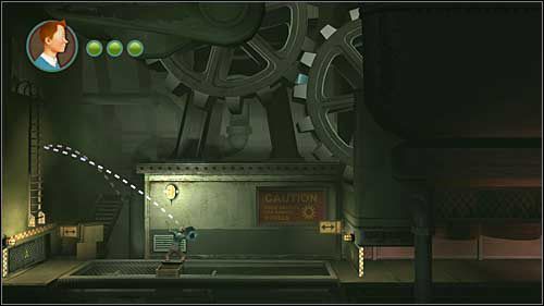 W lokacji, w której wrzuciłeś nakrętkę pomiędzy tryby weź drugą nakrętkę i rzuć nią w drabinkę po lewej stronie - Rozdział 12 - Na tropie Allana - Złote kraby - Przygody Tintina: Gra Komputerowa - poradnik do gry