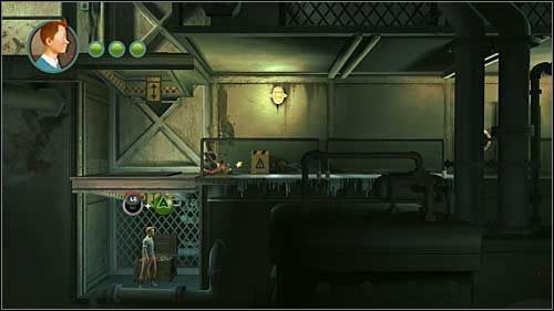 Po przejściu pod unieruchomionymi tłokami dotrzesz do korytarza z przeciwnikiem, który na Twój widok ruszy do ataku - Rozdział 12 - Na tropie Allana - Złote kraby - Przygody Tintina: Gra Komputerowa - poradnik do gry