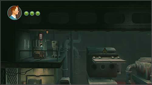 W lokacji z taśmociągami i półkami-zapadniami wyciągasz z prawej strony wózek i zawisasz na drabince, która unosi Cię w górę - Rozdział 12 - Na tropie Allana - Złote kraby - Przygody Tintina: Gra Komputerowa - poradnik do gry