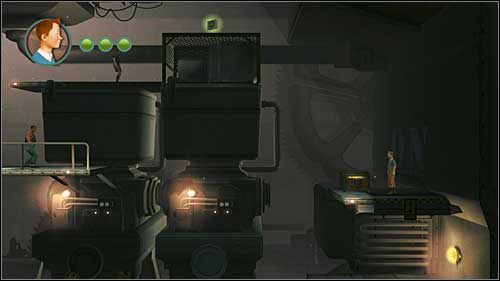 W wielkim pomieszczeniu z wieloma przeciwnikami jedna skrzynia stoi całkiem widoczna, po prawej stronie dwa poziomy powyżej parteru - Rozdział 12 - Na tropie Allana - Złote kraby - Przygody Tintina: Gra Komputerowa - poradnik do gry