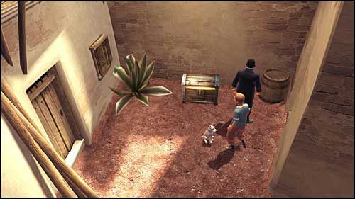 Biegnij do końca ulicy omijając po drodze tajne wejście do pałacu blokowane chwilowo przez jednego z tubylców - Rozdziały 13, 14, 18 - Złote kraby - Przygody Tintina: Gra Komputerowa - poradnik do gry