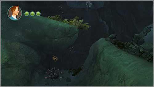 Po przepaleniu pochodnią lin podtrzymujących dwie klatki i przypaleniu tyłka typowi z parasolem zejdziesz po drabinie do wody - Rozdział 24 - W podmorskich jaskiniach - Złote kraby - Przygody Tintina: Gra Komputerowa - poradnik do gry