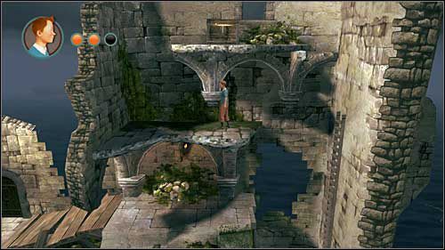 Po zabraniu klucza przeciwnikowi w zbroi przejdziesz przez drzwi i idź w prawo do drabiny - Rozdział 25 - Na wieżę - Złote kraby - Przygody Tintina: Gra Komputerowa - poradnik do gry