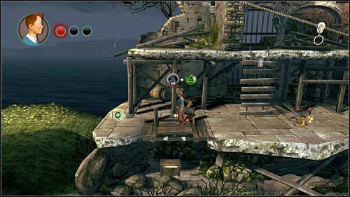 Jak zjedziesz na linie po raz pierwszy i pokonasz przeciwników w walce na pięści, to zwróć uwagę, że pod podłogą po lewej stronie jest skrzynia ze skarbem - Rozdział 25 - Na wieżę - Złote kraby - Przygody Tintina: Gra Komputerowa - poradnik do gry