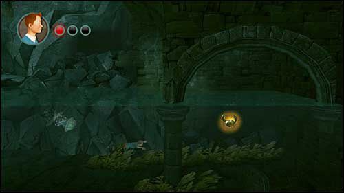 Kiedy papuga zejdzie z ramienia Tintina na drążek zsuniesz się po skarpie w dół, do wody - Rozdział 25 - Na wieżę - Złote kraby - Przygody Tintina: Gra Komputerowa - poradnik do gry