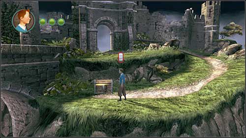 Po tym jak przelecisz ponad zerwanym mostem i papuga znowu zejdzie z ramienia Tintina na drążek, na następnym ekranie znajduje się skarb - Rozdział 25 - Na wieżę - Złote kraby - Przygody Tintina: Gra Komputerowa - poradnik do gry