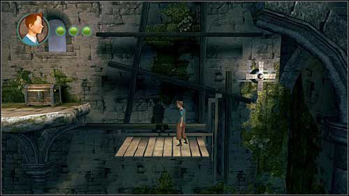 Po przejściu przez do drugiej kolejnej części zamku po raz pierwszy napotkasz kładki, które wysuwają się ze ściany po przeskoczeniu obok widocznego obok mechanizmu przypominającego wiatrak - Rozdział 25 - Na wieżę - Złote kraby - Przygody Tintina: Gra Komputerowa - poradnik do gry