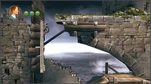 Kiedy będziesz na rusztowaniu, po drugim bujaniu się na haku przejdź do końca w lewo - Rozdział 25 - Na wieżę - Złote kraby - Przygody Tintina: Gra Komputerowa - poradnik do gry