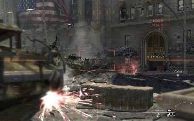 Wyjdź z budynku i zacznij kierować się w lewo, eliminując wszystkich wrogów przy barykadzie oraz na schodach z prawej - I- Black Tuesday | Opis przejścia gry | Call of Duty Modern Warfare 3 - Call of Duty: Modern Warfare 3 - opis przejścia i operacje specjalne - poradnik do gry