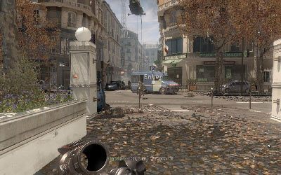 Kontynuuj pościg za zbiegiem, a kiedy znajdziesz się na ulicy zacznij przedzierać się do niebieskiej furgonetki - II- Back and Drag | Opis przejścia gry | Call of Duty Modern Warfare 3 - Call of Duty: Modern Warfare 3 - opis przejścia i operacje specjalne - poradnik do gry