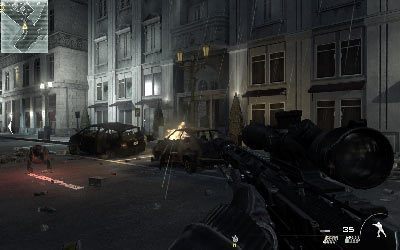 Pobiegnij szybko w kierunku zabitych niedawno żołnierzy i wyeliminuj z ulicy dwóch wartowników w budynku z prawej - Resistance Movement | Operacje Specjalne | Call of Duty Modern Warfare 3 - Call of Duty: Modern Warfare 3 - opis przejścia i operacje specjalne - poradnik do gry