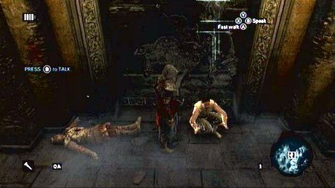 Gdy komnata będzie bezpieczna, podejdź do mężczyzny kucającego pod kamiennymi wrotami i porozmawiaj z nim (B) - Sekwencja 1 - A Sort of Homecoming (2) | Opis przejścia AC Revelations - Assassins Creed: Revelations - poradnik do gry