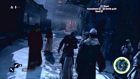 Dotrzesz w ten sposób na plac, wokół którego chodzi dwójka przeciwników - Sekwencja 1 - A Sort of Homecoming (5) | Opis przejścia AC Revelations - Assassins Creed: Revelations - poradnik do gry