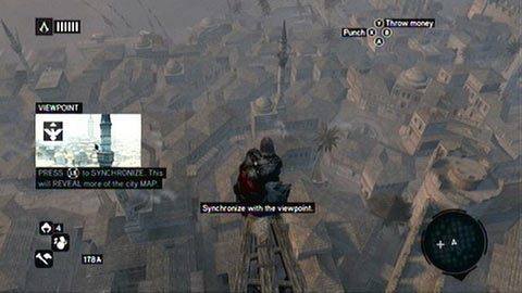 Gdy dotrzesz na szczyt, wysłuchaj Yusufa, a następnie wejdź na drewnianą belkę i wciśnij gałkę lewego analoga (LS) - Sekwencja 2 - The Crossroads of The World (3-5) | Opis przejścia AC Revelations - Assassins Creed: Revelations - poradnik do gry