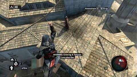 Po krótkiej animacji wskocz na linkę i zabij z niej stojącego w dole strażnika - Sekwencja 2 - The Crossroads of The World (7) | Opis przejścia AC Revelations - Assassins Creed: Revelations - poradnik do gry