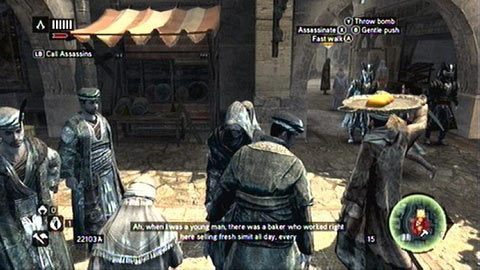 Schowaj się między ludźmi i rzuć z tłumu Cherry Bomba, tak aby odciągnąć uwagę żołnierzy - Sekwencja 5 - Heir to The Empire (1,2) | Opis przejścia AC Revelations - Assassins Creed: Revelations - poradnik do gry