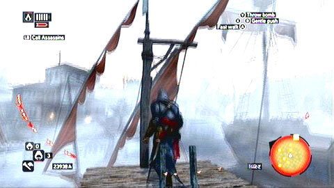 Wdrap na górę, użyj wiszącej obok linki, a następnie podczas zjeżdżania wykonaj egzekucję na strażniku w dole - Sekwencja 5 - Heir to The Empire (3) | Opis przejścia AC Revelations - Assassins Creed: Revelations - poradnik do gry