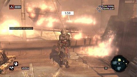 Po spaleniu ostatniego statku nastąpi krótka animacja, a po niej będziesz musiał szybko przedostać się na swój okręt - Sekwencja 6 - Fortunes Disfavor (7,8) | Opis przejścia AC Revelations - Assassins Creed: Revelations - poradnik do gry