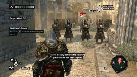 Udaj się we wskazane na mapie miejsce, a następnie rzuć granat w patrolującego teren strażnika - Misje Piri Reisa - Smoke Decoy, Sticky Situations, Tripwire | Zadania dodatkowe - Assassins Creed: Revelations - poradnik do gry