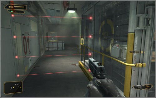 Lasery (5) dezaktywujesz kodem 4867, poznanym z palmtopa padniętego strażnika - (1) Wariant pokojowy - Ucieknij i znajdź swój sprzęt - Ucieczka z patelni - Deus Ex: Human Revolution - The Missing Link - poradnik do gry