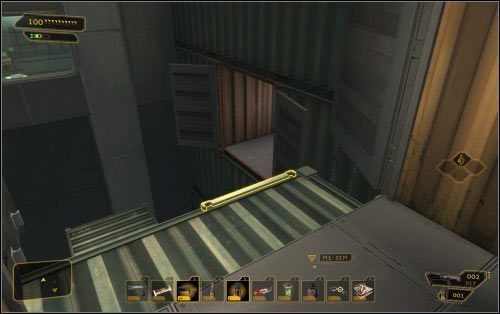 Z kontenera możesz przebić się do sąsiedniego, a następnie splądrować wyżej położony (11) z gratisowym punktem Praxis (o ile potrafisz dobrze skakać) albo zejść na sam dół do pomieszczenia z komorami kriogenicznymi - (3) Wariant pokojowy - Znajdź port wypadowy - Ucieczka z patelni - Deus Ex: Human Revolution - The Missing Link - poradnik do gry