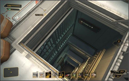 Na poziomie czwartym znajdziesz ponadto drabinę (12) prowadzącą dwa piętra niżej oraz szyb (13) kończący się na samym dole (z przerwą na drugie pięterko) - (3) Wariant pokojowy - Znajdź port wypadowy - Ucieczka z patelni - Deus Ex: Human Revolution - The Missing Link - poradnik do gry