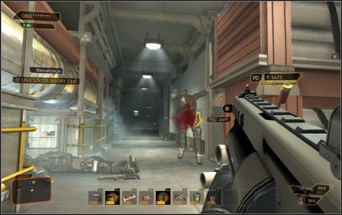 Drogę na dół możesz sobie skrócić korzystając z drabiny (1) po prawej - (3) Wariant agresywny - Znajdź port wypadowy - Ucieczka z patelni - Deus Ex: Human Revolution - The Missing Link - poradnik do gry