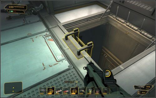 Aby przedostać się do portu możesz użyć tutejszej drabiny (5) (kod do wyłączenia laserów to 9173), a potem skorzystać z windy (6) - (3) Wariant agresywny - Znajdź port wypadowy - Ucieczka z patelni - Deus Ex: Human Revolution - The Missing Link - poradnik do gry