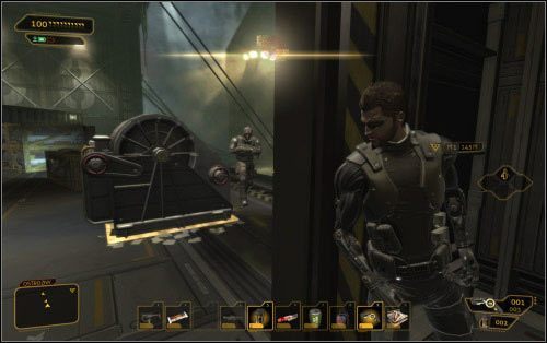 Zauważ, że status strażników ustawiony jest na ostrożny, a to oznacza, że po przesunięciu wajchy, będą oni bardzo uważnie podchodzić do swoich obowiązków - (4) Wariant pokojowy - Znajdź miejsce spotkania - Ucieczka z patelni - Deus Ex: Human Revolution - The Missing Link - poradnik do gry