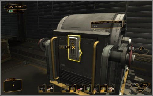 Po opuszczeniu skanera gra nakieruje Cię na przełącznik (1) otwierający hangar - (4) Wariant agresywny - Znajdź miejsce spotkania - Ucieczka z patelni - Deus Ex: Human Revolution - The Missing Link - poradnik do gry