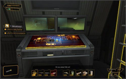 Kiedy już oczyścisz teren i znajdziesz się przed komputerem (1) (na dole), staniesz przed trudnym wyborem - Wariant agresywny - Wybory - Deus Ex: Human Revolution - The Missing Link - poradnik do gry
