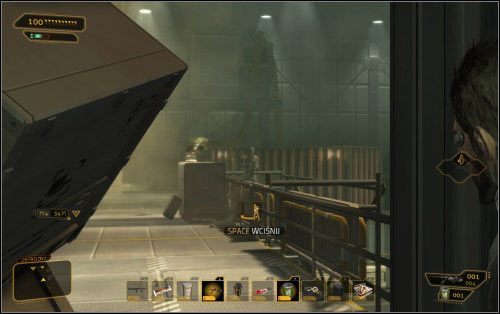 Stąd możesz wdrapać się do pokoju na górze (4) i platformą przejść niezauważony przez skupisko wrogów (5) do drabiny (6) - Wariant pokojowy - Długa droga do domu - Deus Ex: Human Revolution - The Missing Link - poradnik do gry