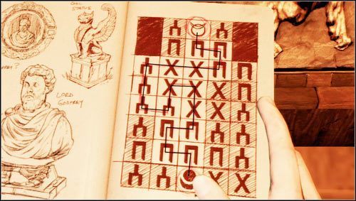 Rozwiązanie zagadki pokazuje powyższy obrazek - narysowaliśmy linię symbolizującą prawidłową trasę przemarszu [1] - Jak rozwiązać zagadki w rozdziale 6 w Uncharted 3 Oszustwo Drakea? - Uncharted 3: Oszustwo Drakea - poradnik do gry