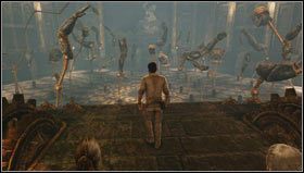 Wystarczy teraz obrócić kierat [1], po czym będziemy mogli wrócić do głównego pomieszczenia by udać się do korytarza po prawej stronie środkowych drzwi - Jak rozwiązać zagadki w rozdziale 11 w Uncharted 3 Oszustwo Drakea? - Uncharted 3: Oszustwo Drakea - poradnik do gry