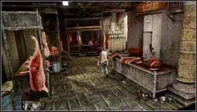 Gdy sprzedawca zgani nas za podgryzanie owoców dojdziemy do rozwidlenia, na którym skręcamy w prawo [1] i podążamy za naszym celem przechodząc przez rzeźnię [2] - Rozdział 2- Przez ciernie do gwiazd | Opis przejścia Uncharted 3 - Uncharted 3: Oszustwo Drakea - poradnik do gry