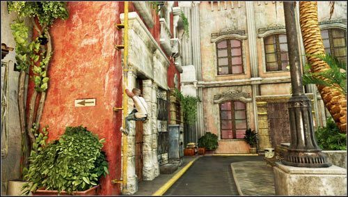 Sullivan wejdzie do zamkniętego dla nas budynku, ponieważ nie możemy wejść za nim udajemy się w lewo i wspinamy się po rynnie znajdującej się na ścianie po lewej stronie [1] - Rozdział 2- Przez ciernie do gwiazd | Opis przejścia Uncharted 3 - Uncharted 3: Oszustwo Drakea - poradnik do gry