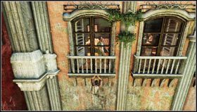 Po wejściu na szczyt rynny udajmy się w prawo pod balkonem [1] by dostać się w pobliże okien, przez które widać, co kombinuje Sullivan - Rozdział 2- Przez ciernie do gwiazd | Opis przejścia Uncharted 3 - Uncharted 3: Oszustwo Drakea - poradnik do gry