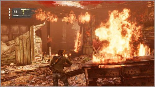 Gdy znajdziemy się w sytuacji bez wyjścia czekamy chwilę, aż ogień zacznie trawić ścianę, którą wyważy kilku przeciwników - Rozdział 7- Nie wychodź ze światła | Opis przejścia Uncharted 3 Oszustwo Drakea - Uncharted 3: Oszustwo Drakea - poradnik do gry