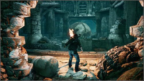 Przechodzimy wtedy przez szczelinę i zeskakujemy w dół skarpy by znaleźć się w przestronnym pomieszczeniu z dużym kamiennym globusem [1] - Rozdział 9- Droga środka | Opis przejścia Uncharted 3 Oszustwo Drakea - Uncharted 3: Oszustwo Drakea - poradnik do gry