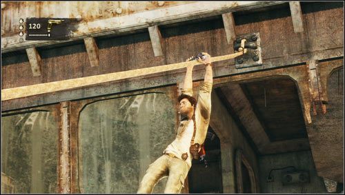 Po krótkim przerywniku wskakujemy na linę [1] i zjeżdżamy nią na pirata z wyrzutnią rakiet - Rozdział 12- Porwanie (2) | Opis przejścia Uncharted 3 Oszustwo Drakea - Uncharted 3: Oszustwo Drakea - poradnik do gry